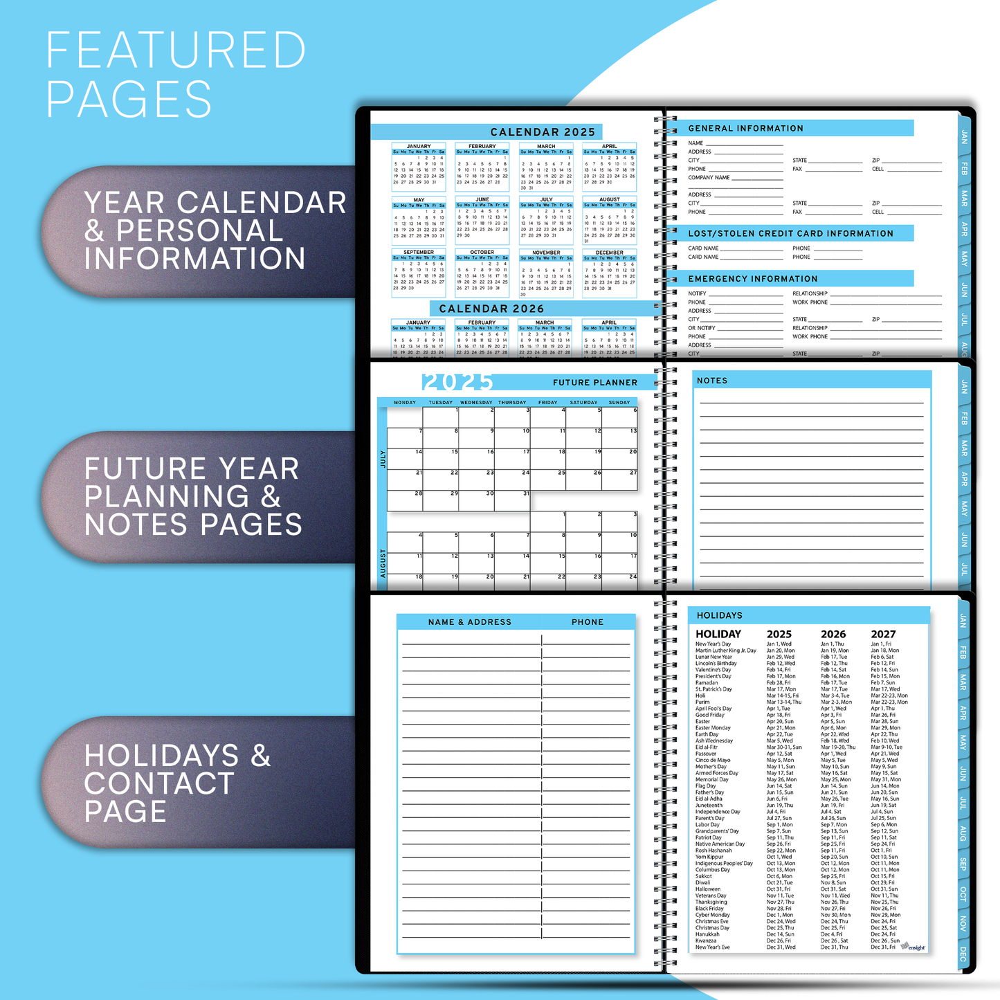 Ensight 2025 Jan-Dec Appointment Book & Planner 6.5in x 8.5in, Large Tabbed Daily Hourly Weekly Academic Planner, Calendar & Schedule Book 15-Minute time Slots, Business & Personal 2025 Jan-Dec