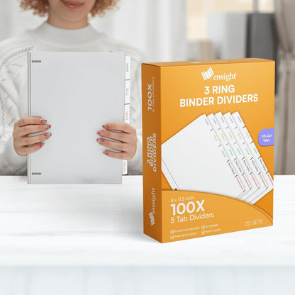 Ensight 3 Ring Page Dividers Bulk, 1/5 Cut Tab Dividers, 100 Per Box - Divider Pages with Tabs, Decorative Printable Rewritable Divider Tabs, Exhibit Tab Dividers for 3 Ring Binders Bulk