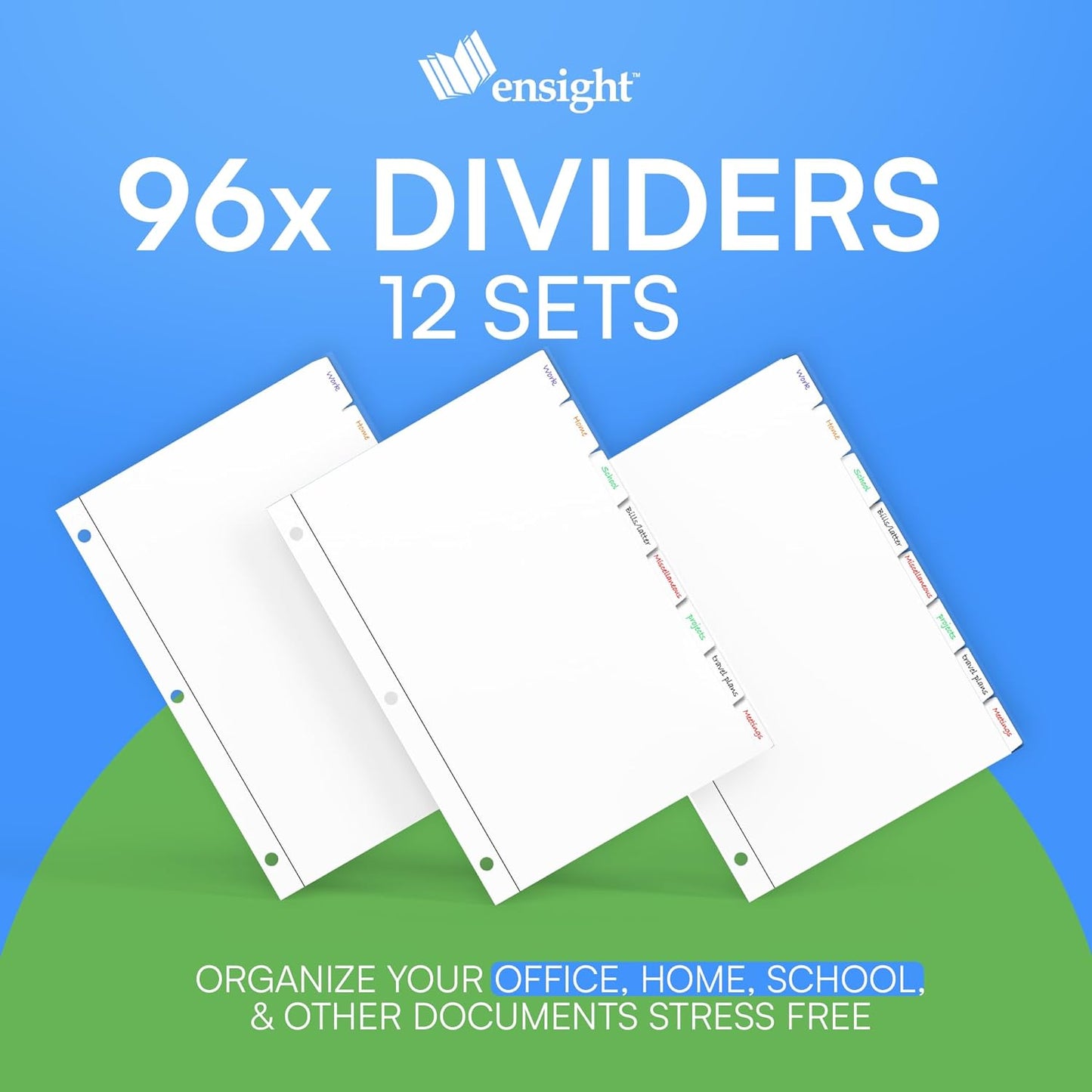 3 Ring Page Dividers Bulk, 1/8 Cut Tab Dividers, 96 Per Box - Divider Pages with Tabs, Decorative Printable Rewritable Divider Tabs, Exhibit Tab Dividers for 3 Ring Binders Bulk - Ensight