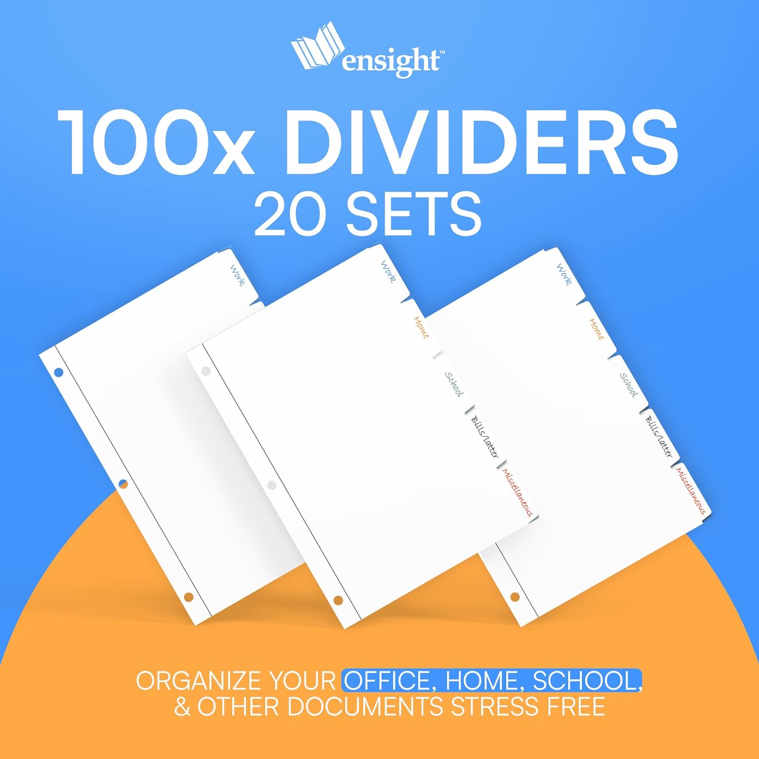 Ensight 3 Ring Page Dividers Bulk, 1/5 Cut Tab Dividers, 100