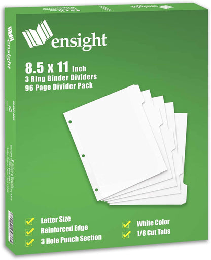 Ensight 3 Ring Page Dividers Bulk, 1/5 Cut Tab Dividers, 100 Per Box - Divider Pages with Tabs, Decorative Printable Rewritable Divider Tabs, Exhibit Tab Dividers for 3 Ring Binders Bulk