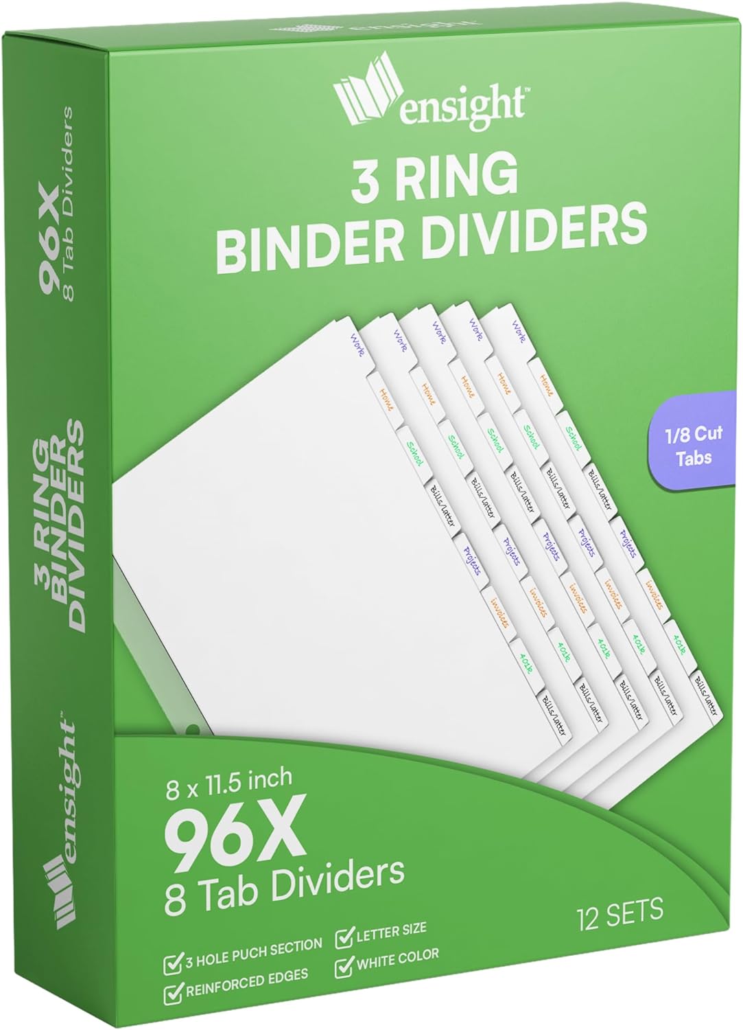 3 Ring Page Dividers Bulk, 1/8 Cut Tab Dividers, 96 Per Box - Divider Pages with Tabs, Decorative Printable Rewritable Divider Tabs, Exhibit Tab Dividers for 3 Ring Binders Bulk - Ensight