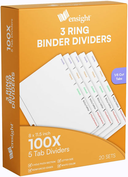 Ensight 3 Ring Page Dividers Bulk, 1/5 Cut Tab Dividers, 100 Per Box - Divider Pages with Tabs, Decorative Printable Rewritable Divider Tabs, Exhibit Tab Dividers for 3 Ring Binders Bulk