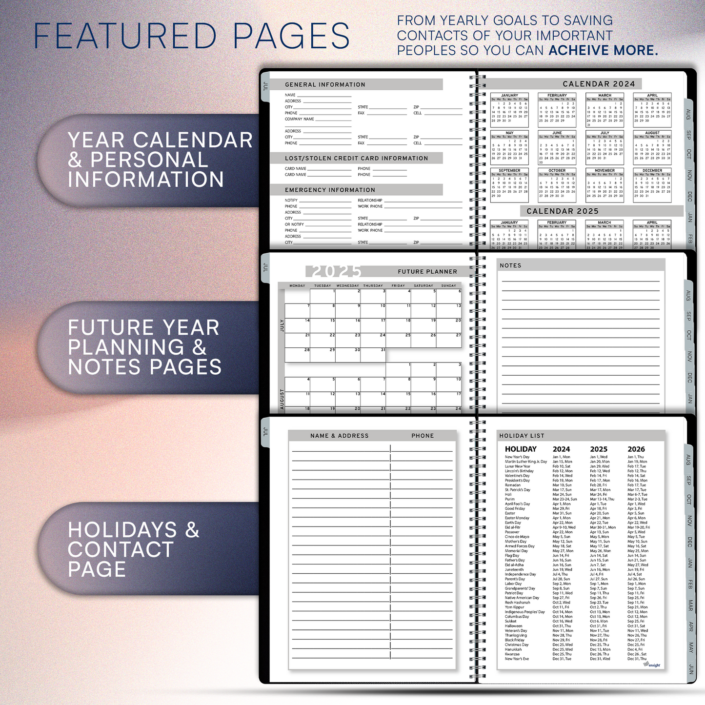 Ensight 2024 - 2025 Appointment Book & Planner - 8.5 x 11 inches, Large Tabbed Daily Hourly Weekly Academic Planner, Calendar & Schedule Book 15-Minute time Slots, Business & Personal July 2024 - June 2025