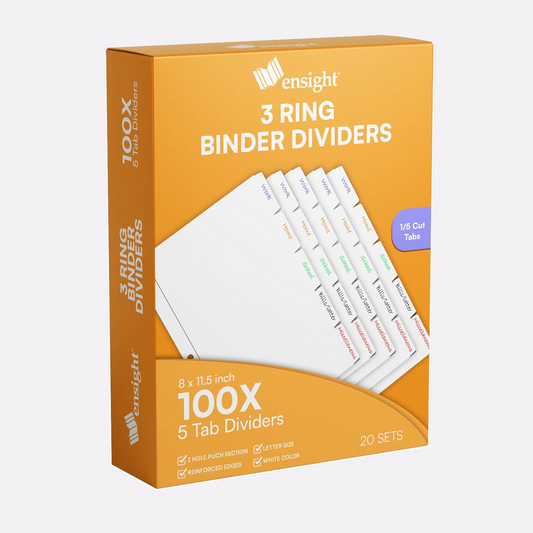 Ensight 3 Ring Page Dividers Bulk, 1/5 Cut Tab Dividers, 100 Per Box - Divider Pages with Tabs, Decorative Printable Rewritable Divider Tabs, Exhibit Tab Dividers for 3 Ring Binders Bulk